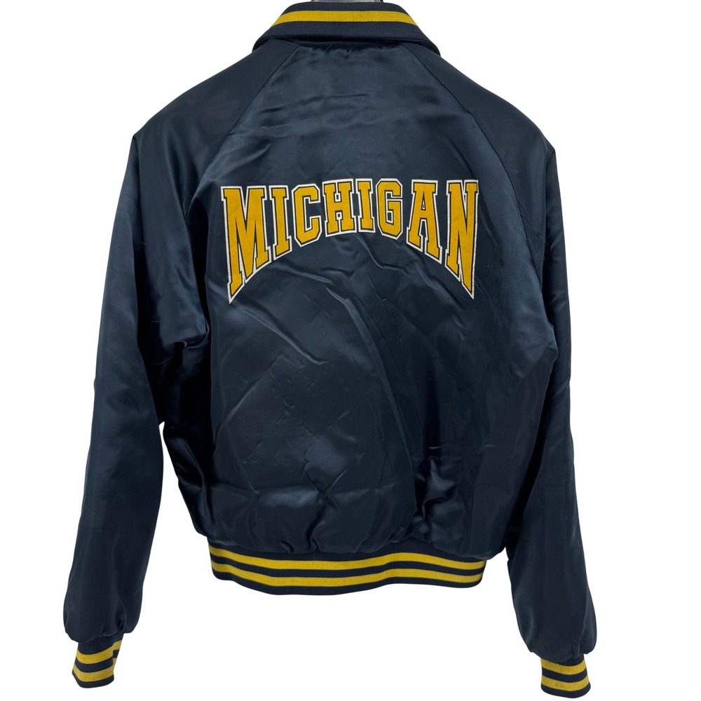 Vintage Michigan Bomber Jacket Mens L Navy Blue Satin Quilted Varsity Snap Front